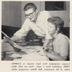 Sally Miles, editor, and Bob Mates, managing editor, work on the Campus Times in 1955
